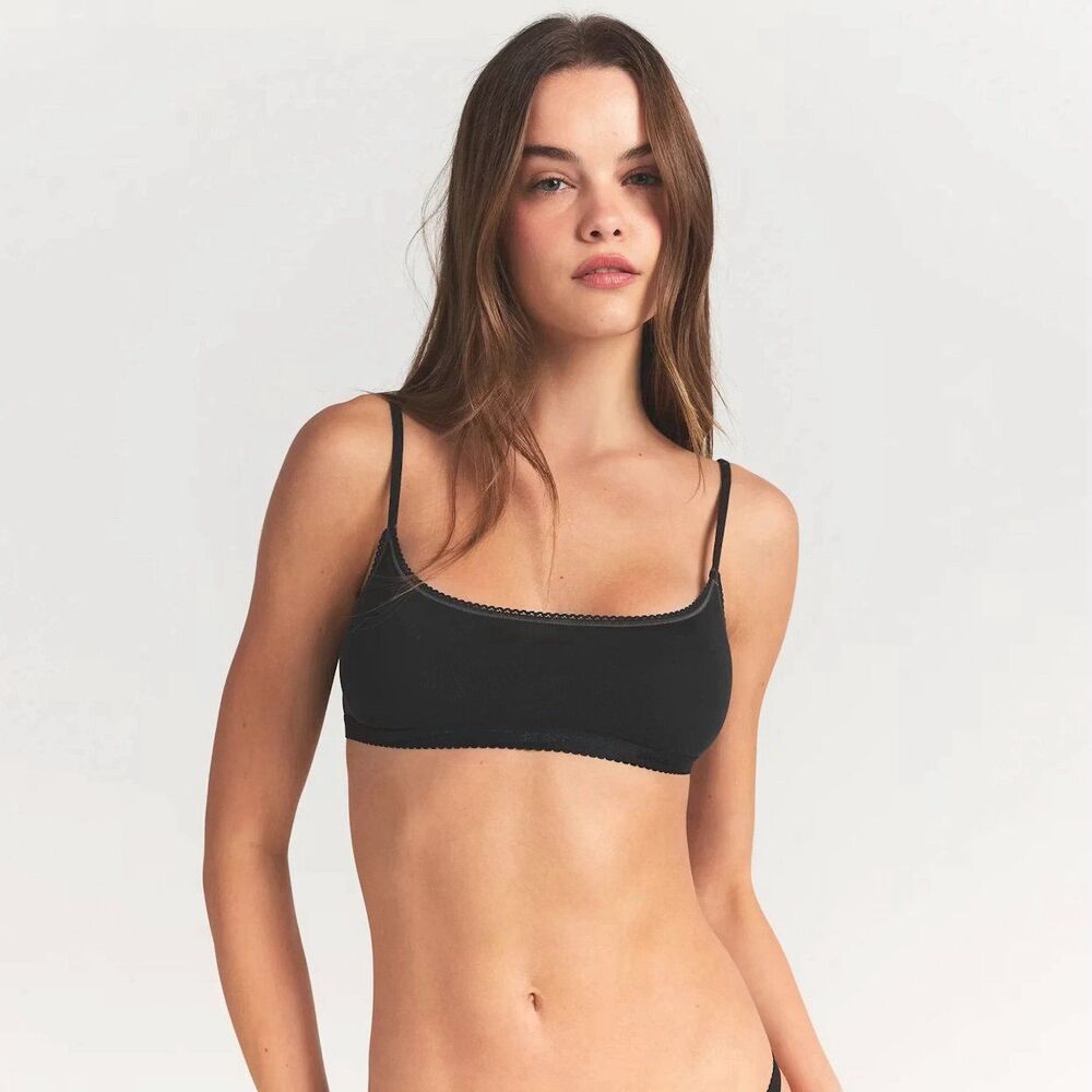 Skims Lightweight Cotton Logo Picot Scoop Bralette Soot Tonal XS